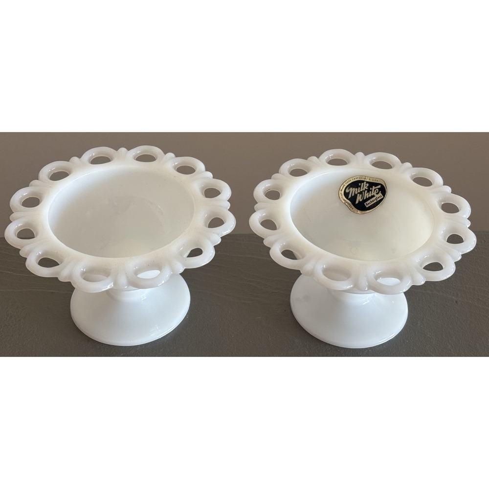 Vtg Set of 2 Colony Lace Edge Pedestal Compotes White Milk Glass Anchor Hocking